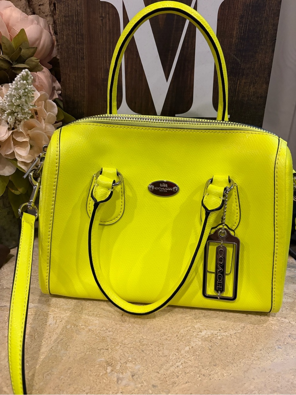 Coach Neon Yellow Pebbled Leather Dome Satchel with Silver Hardware